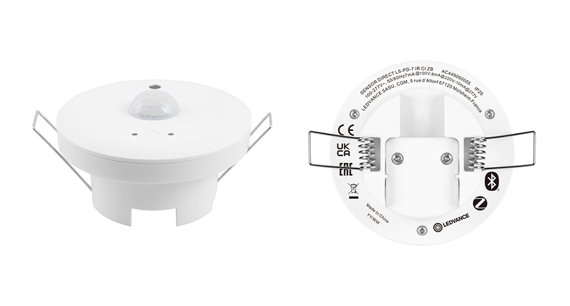 Sensor de presencia y luminosidad con certificación Zigbee 3.0 para instalación en techo.
